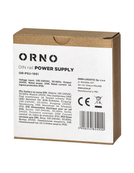 Zasilacz przemysłowy, na szynę DIN, 24VDC, 1A, 20W, w plastikowej obudowie