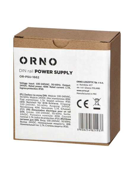 Zasilacz przemysłowy, na szynę DIN, 24VDC, 1,7A, 40W, w plastikowej obudowie