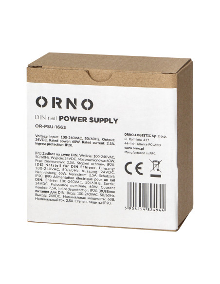 Zasilacz przemysłowy, na szynę DIN, 24VDC, 2,5A, 60W, w plastikowej obudowie