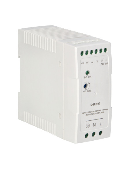 Zasilacz przemysłowy, na szynę DIN, 24VDC, 2,5A, 60W, w plastikowej obudowie