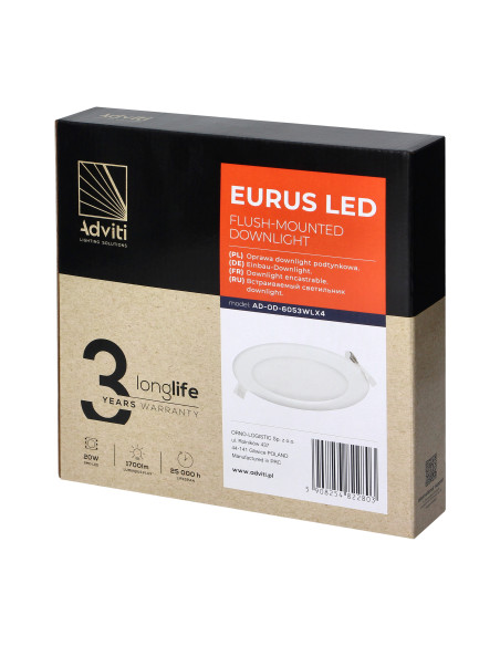 EURUS LED 20W, oprawa downlight, podtynkowa, okrągła, 1700lm, 4000K, biała, wbudowany zasilacz LED