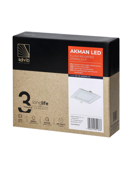 AKMAN LED 12W, oprawa downlight, podtynkowa, kwadratowa, 860lm, 4000K, biała, wbudowany zasilacz LED