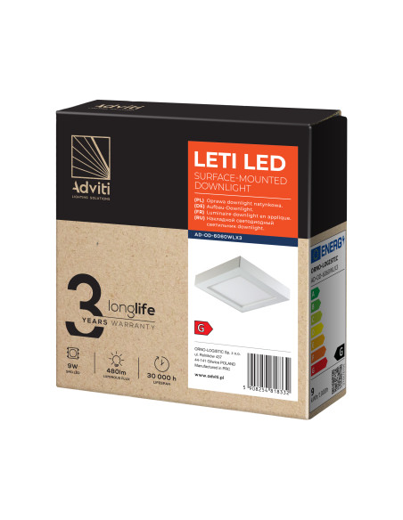 LETI LED 9W, oprawa downlight, natynkowa, kwadratowa, 530lm, 3000K, biała, wbudowany zasilacz LED