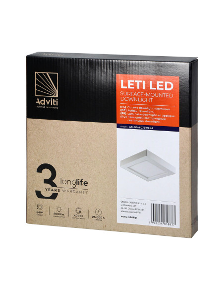 LETI LED 24W, oprawa downlight, natynkowa, kwadratowa, 2000lm, 4000K, biała, wbudowany zasilacz LED