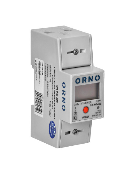  1-fazowy wskaźnik zużycia energii elektrycznej, 80A, MID, RS485, dodatkowy wskaźnik, wyjście impulsowe, przycisk...