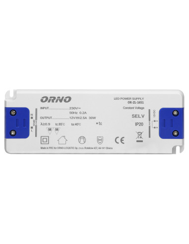 Zasilacz płaski do LED  12VDC 30W, IP20,...