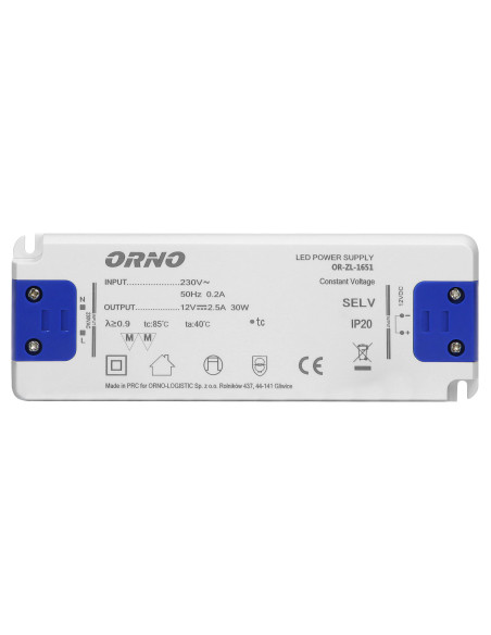 Zasilacz płaski do LED  12VDC 30W, IP20, wysokość 18mm