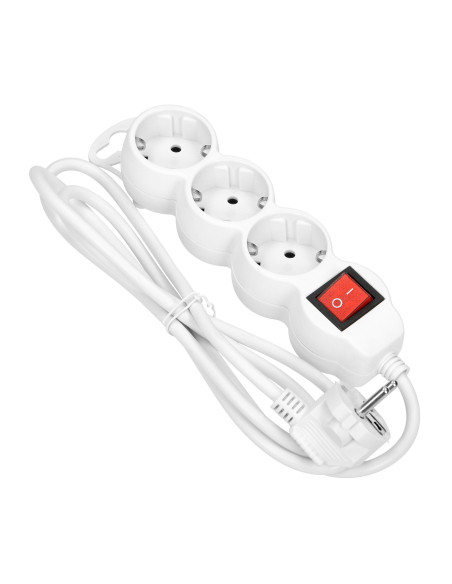 Przedłużacz 3-krotny 2P+Z (Schuko) z wyłącznikiem, 1,5m H05VV-F 3x1,0mm², Imax 10A, biały