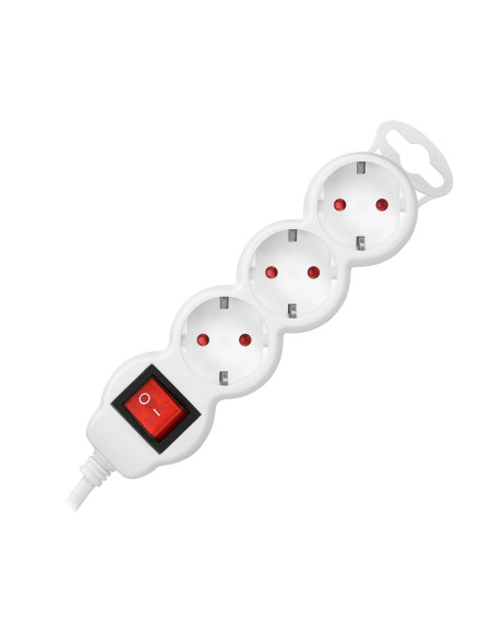 Przedłużacz 3-krotny 2P+Z (Schuko) z wyłącznikiem, 1,5m H05VV-F 3x1,0mm², Imax 10A, biały
