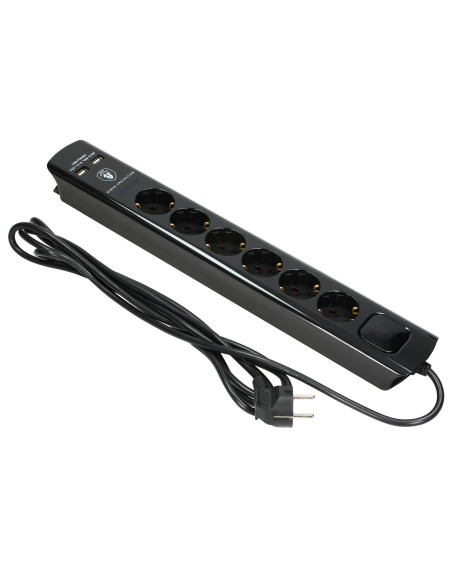  Listwa przeciwprzepięciowa, 6 gniazd 2P+Z (Schuko), kabel 3x1,5mm², długość 3m, czarna, 16A/230 VAC, z ochronnikiem...