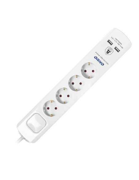  Listwa przeciwprzepięciowa, 4 gniazda 2P+Z (Schuko), kabel 3x1,0mm2, 3m, z wyłącznikiem podświetlanym dwutorowym....