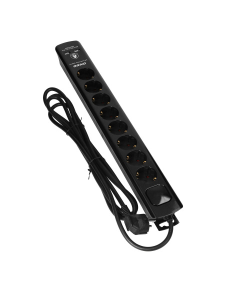  Listwa przeciwprzepięciowa, 8 gniazd 2P+Z (Schuko), kabel 3x1,5mm2, 3m, z wyłącznikiem podświetlanym dwutorowym....