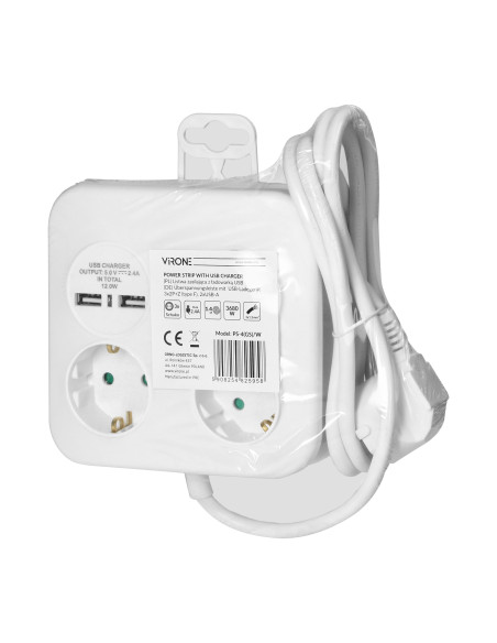 Kwadratowa listwa zasilająca z ładowarką USB  3x2P+Z (Schuko), 2xUSB-A, kabel 3x1,5mm2, 1,4m