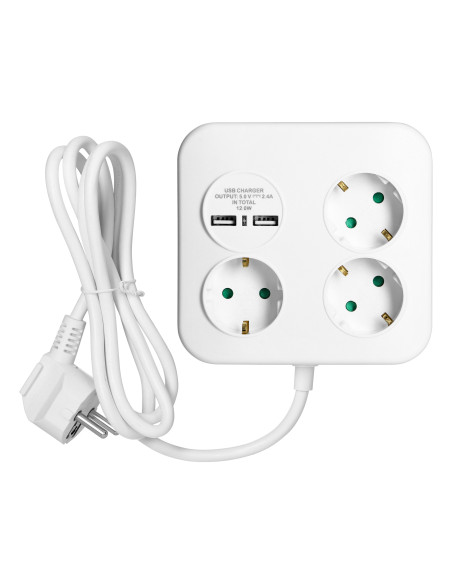 Kwadratowa listwa zasilająca z ładowarką USB  3x2P+Z (Schuko), 2xUSB-A, kabel 3x1,5mm2, 1,4m