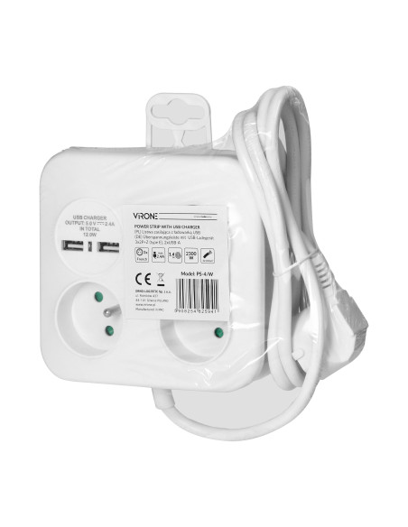 Kwadratowa listwa zasilająca z ładowarką USB 3x2P+Z, 2xUSB-A,  kabel 3x1,0mm2, 1,4m