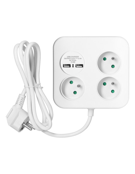 Kwadratowa listwa zasilająca z ładowarką USB 3x2P+Z, 2xUSB-A,  kabel 3x1,0mm2, 1,4m