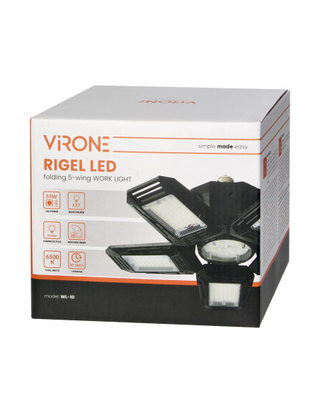 RIGEL LED lampa warsztatowa składana 5-skrzydłowa, E27 55W, 6500K, 4950lm