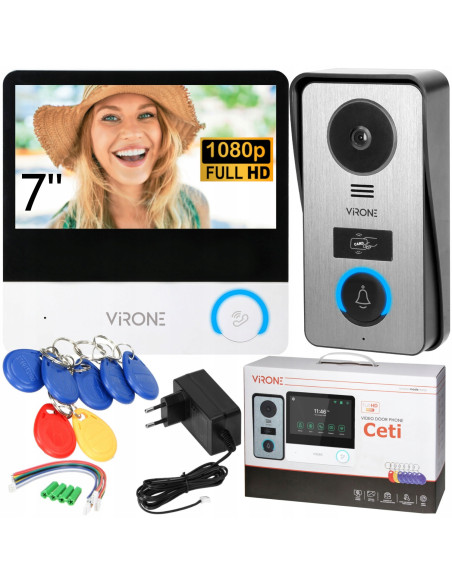 Wideodomofon VIRONE VDP-60FHD 7" z Czytnikiem Breloków RFID Pamięć Menu PL CETI Full HD