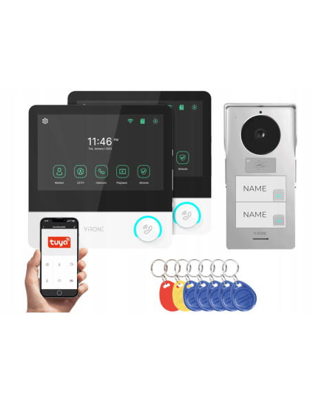 Wideodomofon DWURODZINNY WIFI z Czytnikiem Breloków RFID 2 Monitory LCD 7" Aplikacja TUYA PAVONIS MULTI