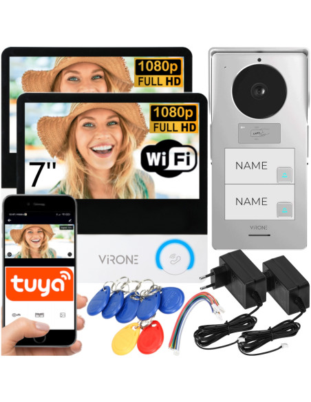 Wideodomofon DWURODZINNY WIFI z Czytnikiem Breloków RFID 2 Monitory LCD 7" Aplikacja TUYA PAVONIS MULTI