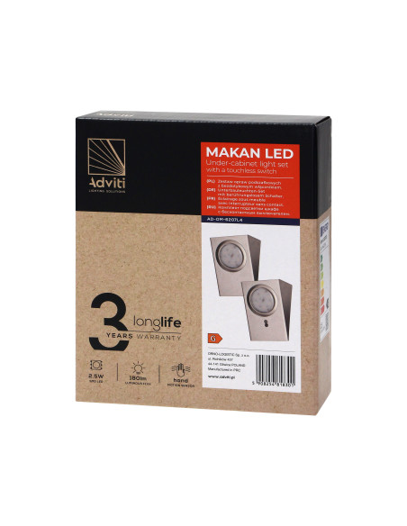 Zestaw opraw podszafkowych MAKAN LED 2,5W, 180lm, 4000K, z wyłącznikiem bezdotykowym, INOX