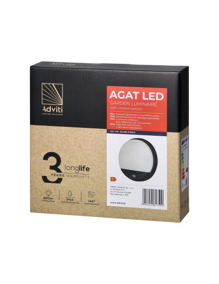AGAT LED 10W, oprawa ogrodowa z czujnikiem ruchu, 140st, 800lm, IP54, 4000K, czarna