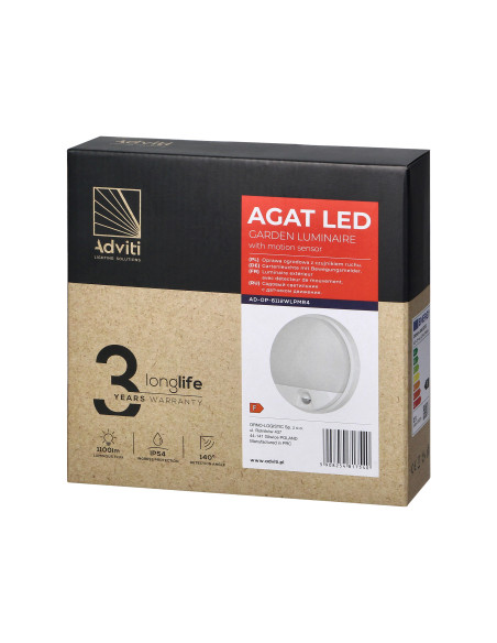 AGAT LED 15W, oprawa ogrodowa z czujnikiem ruchu 140st, 1100lm, IP54, 4000K, biała