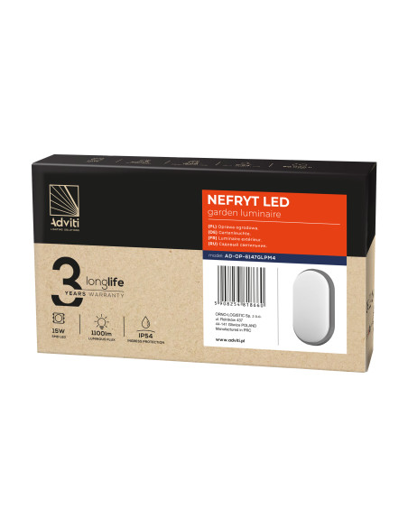 NEFRYT LED 15W, oprawa ogrodowa, 1100lm, IP54, 4000K, szara