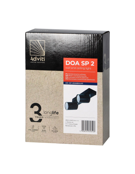 DOA SP 2, oprawa ścienno-sufitowa, GU10 max. 2x50W, IP20, czarna