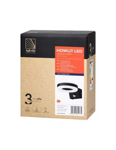 HOWLIT LED 20W, oprawa ogrodowa z czujnikiem ruchu, 1800lm, IP65, 4000K, czarna