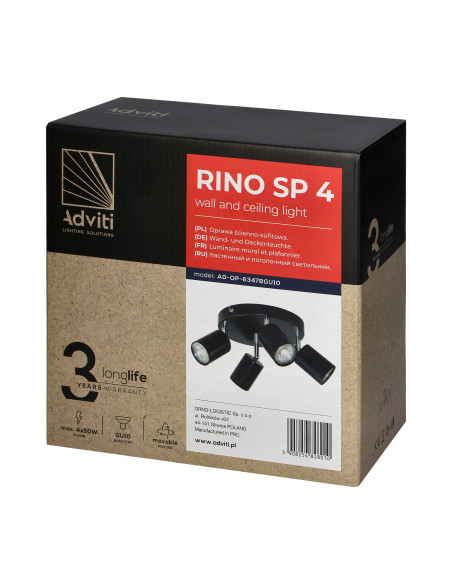 Rino SP 4, oprawa ścienno-sufitowa, GU10 max. 4x50W, IP20, czarna