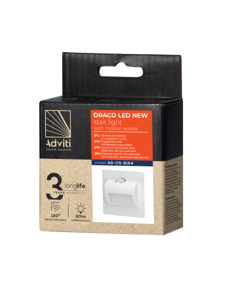 DRACO LED NEW 1,5W, oprawa schodowa podtynkowa, 12VDC, 30lm, 6000K, biała, czujnik ruchu i zmierzchu