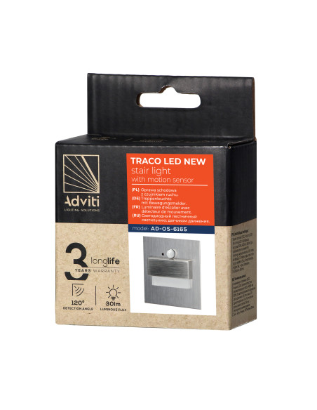 TRACO LED 1,5W, oprawa schodowa podtynkowa, 12VDC, 30lm, 3000K, satyna, czujnik ruchu i zmierzchu