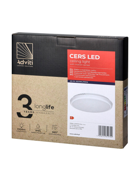  CERS LED 16W, plafon z mikrofalowym czujnikiem ruchu, 1300lm, IP65, 4000K, poliwęglan mleczny, biały, funkcja...