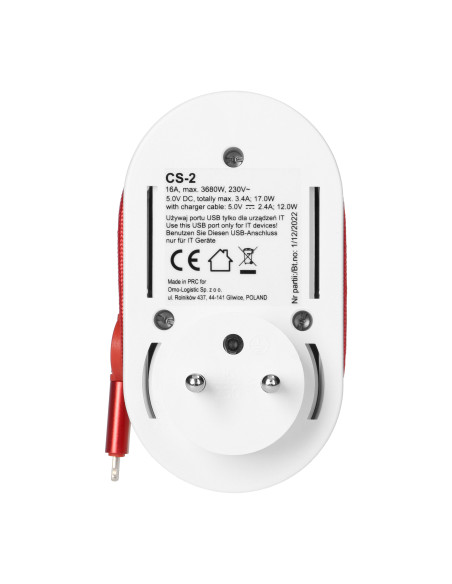 Adapter z ładowarką USB i kablem ładującym (typ C + Lightning), 1x2P+Z, 2xUSB (Typ A+C), max 3,4A