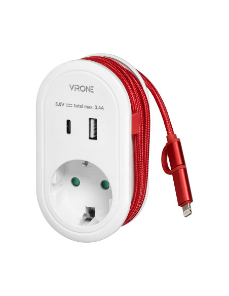 Adapter z ładowarką USB i kablem ładującym (typ C + Lightning), 1x2P+Z Schuko, 2xUSB (Typ A+C), max 3,4A