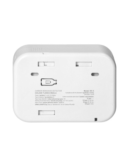 Bateryjny czujnik tlenku węgla z przyciskiem TEST, żywotność 10 lat, zgodność z normą EN 50291-1:2018