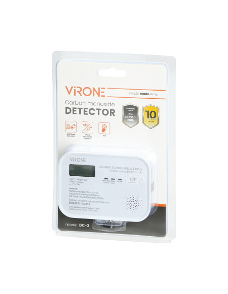  Bateryjny czujnik tlenku węgla z przyciskiem TEST, żywotność 10 lat, zgodność z normą EN 50291-1:2018, Testowany...