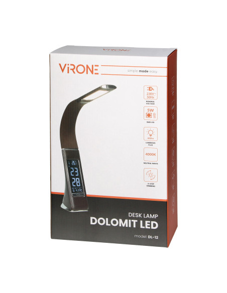 DOLOMIT LED 5W, lampka biurkowa z budzikiem, 400lm, 4000K, czarna