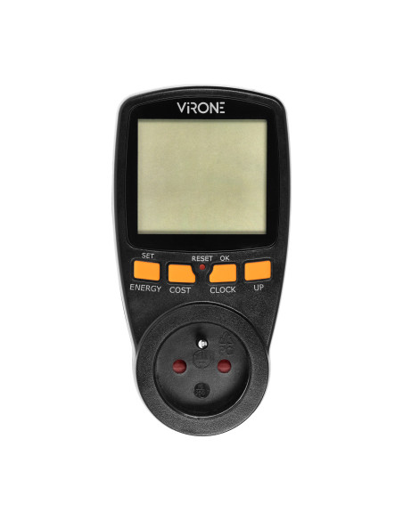 Dwutaryfowy watomierz, kalkulator energii z wyświetlaczem LCD, 2 oddzielne taryfy, wewnętrzny akumulator, czarny