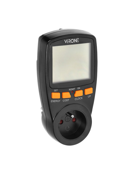 Dwutaryfowy watomierz, kalkulator energii z wyświetlaczem LCD, 2 oddzielne taryfy, wewnętrzny akumulator, czarny