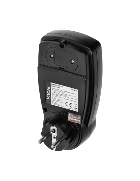 Dwutaryfowy watomierz, kalkulator energii z wyświetlaczem LCD, 2 oddzielne taryfy, wewnętrzny akumulator, czarny