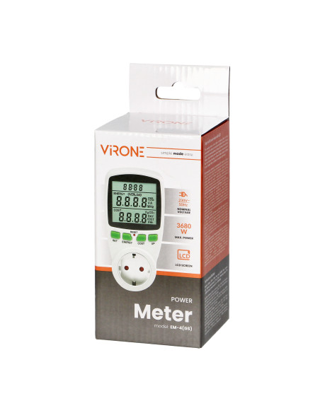 Jednotaryfowy watomierz, kalkulator energii z wyświetlaczem LCD, jedna taryfa, wbudowany akumulator, wersja Schuko