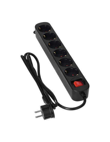 Przedłużacz 6-krotny 2P+Z(Schuko), z wyłącznikiem, 3m H05VV-F 3x1,0mm2, Imax 10A, płaska wtyczka, czarny