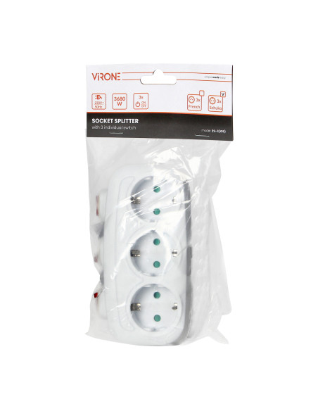 Rozgałęźnik 3x2P+Z (Schuko) z 3 włącznikami