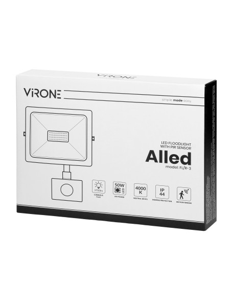 ALLED 50W Naświetlacz LED z PIR, 3700lm, IP44, 4000K, Alu+Glass