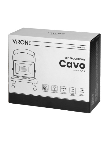 CAVO przenośny naświetlacz LED 30W, na statywie, 2400 lm, IP65, 4000K, z przewodem 1,5m