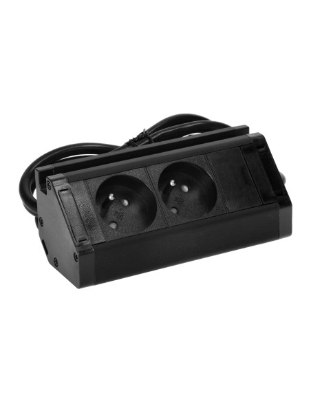 Podwójne gniazdo meblowe z uchwytem na telefon i przewodem 1,5m, 2x2P+Z, czarne