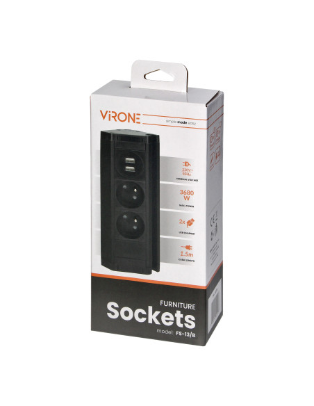 Podwójne gniazdo meblowe z ładowarką USB, uchwytem na telefon i przewodem 1,5m, 2x2P+Z,  2xUSB (typ A, 2,4A), czarne