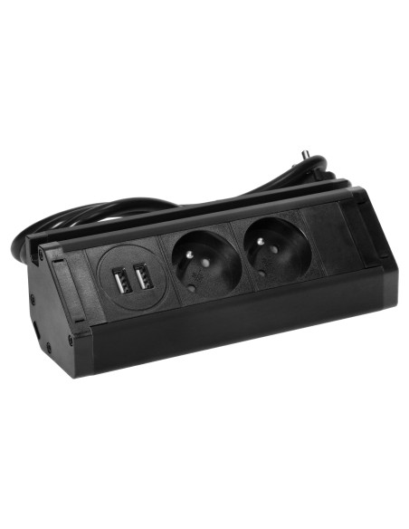 Podwójne gniazdo meblowe z ładowarką USB, uchwytem na telefon i przewodem 1,5m, 2x2P+Z,  2xUSB (typ A, 2,4A), czarne